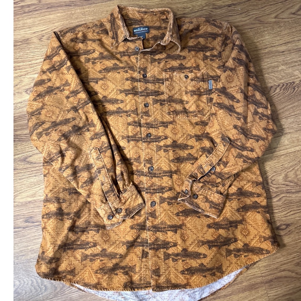 Woolrich Mens Vintage Buckskin Southwest Fish Cotton Flannel Shirt Brown Large